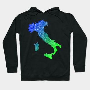 Colorful mandala art map of Italy with text in blue and green Hoodie